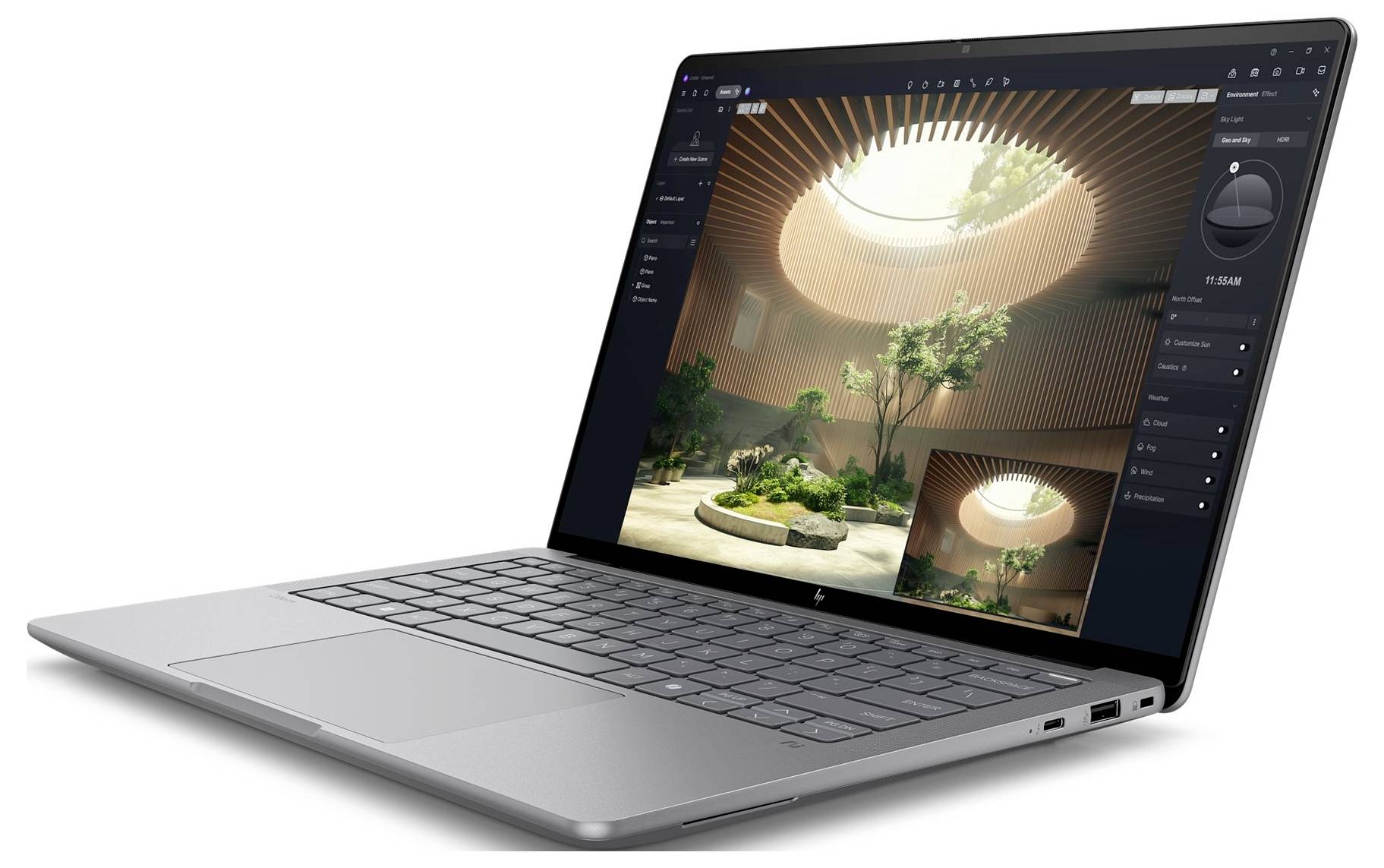 Ein eleganter, aufgeklappter Laptop zeigt eine digitale Design-Oberfläche mit einem architektonischen Bild eines kreisförmigen Oberlichts und eines Innengartens auf dem Bildschirm.