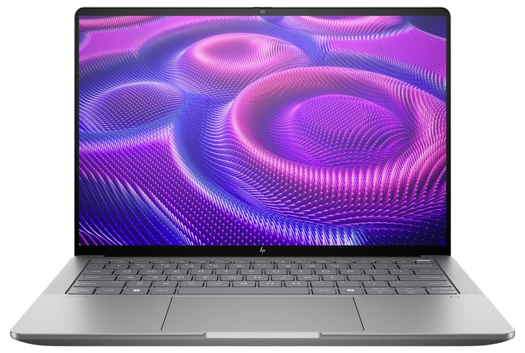 Ein eleganter Laptop mit einem lebhaften lila und rosa abstrakten 3D-Wellenmuster auf dem Bildschirm, das die hochauflösende Anzeige des Geräts zur Schau stellt.