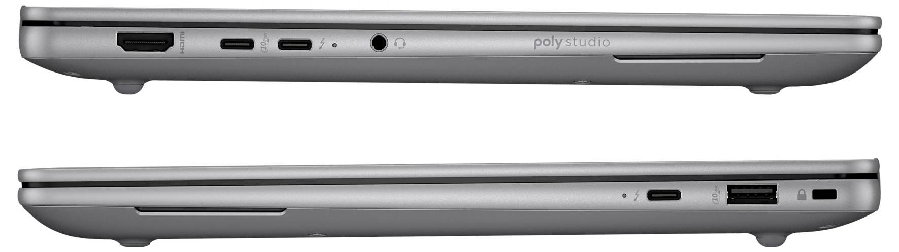 Zwei Seitenansichten eines grauen Laptops, die verschiedene Anschlüsse zeigen: HDMI, USB-C und Kopfhörereingang auf der linken Seite; USB-A auf der rechten Seite.