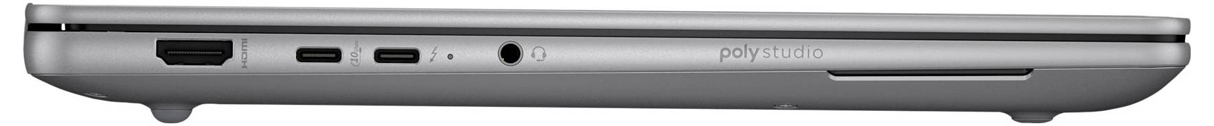 Seitenansicht eines geschlossenen silbernen Laptops mit verschiedenen Anschlüssen, einschließlich HDMI, USB-C und einer Kopfhörerbuchse auf der linken Seite.