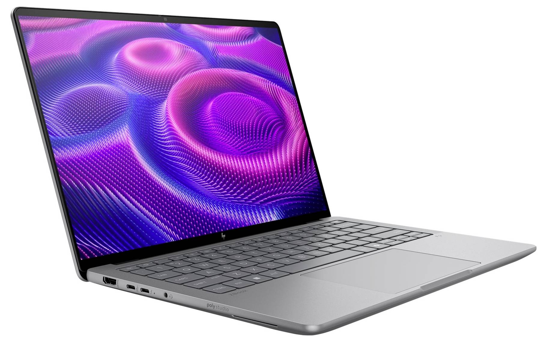 Ein schlanker, silberner Laptop mit einem dünnen Displayrahmen, auf dem ein abstraktes rosa und violettes Muster angezeigt wird. Die Tastatur und das Touchpad sind sichtbar.