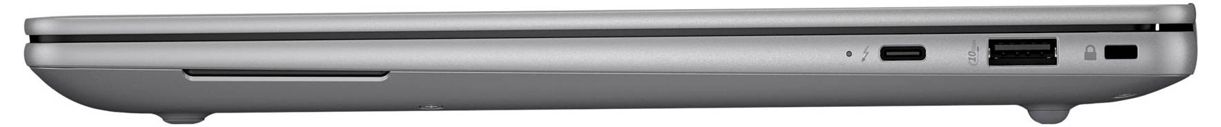 Seitenansicht eines geschlossenen silbernen Laptops mit verschiedenen Anschlüssen, einschließlich USB und HDMI, mit einem dünnen, eleganten Design.