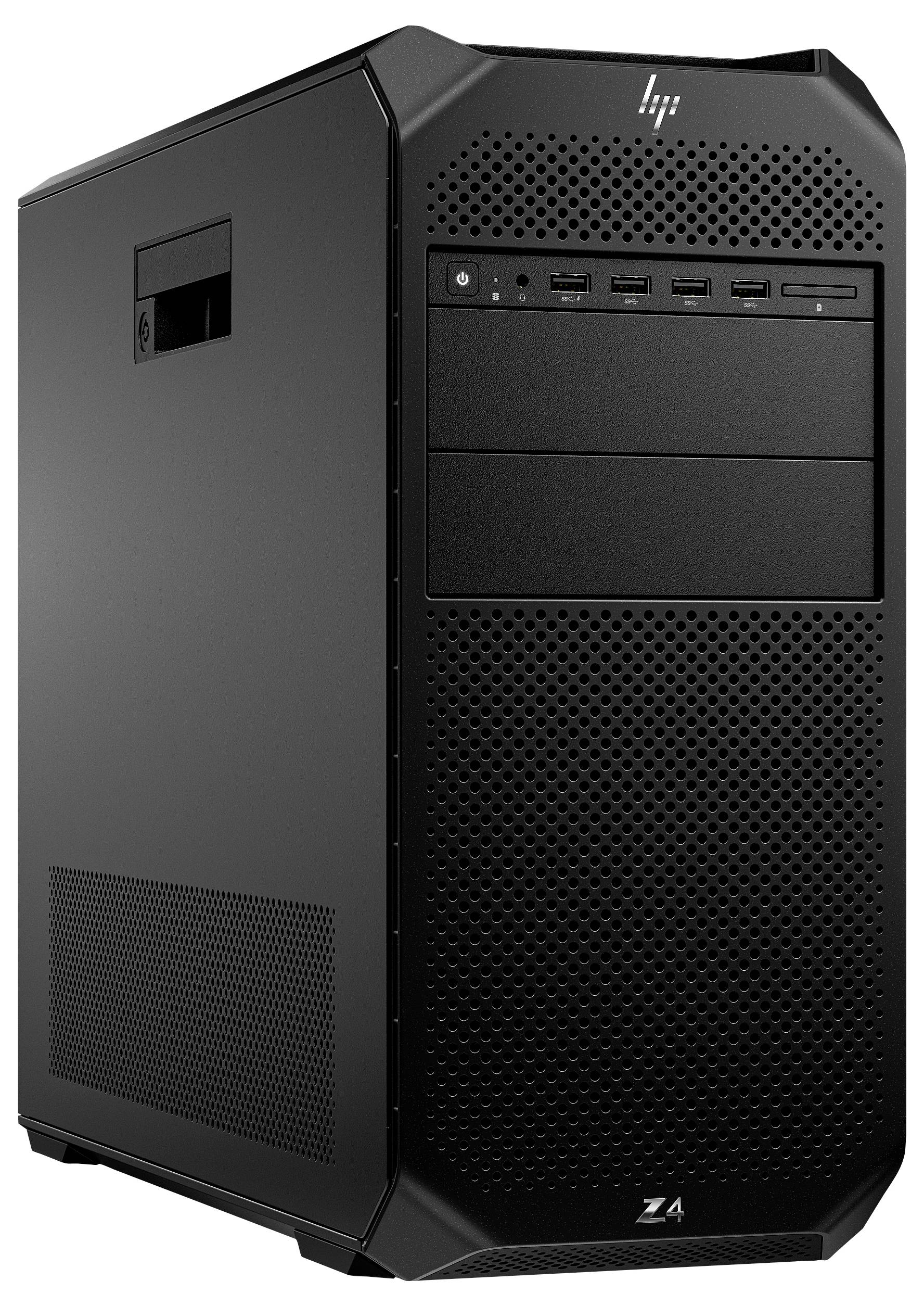 Ein schwarzer HP Z4 Desktop-Workstation-Tower mit mehreren USB-Anschlüssen und einem eleganten perforierten Frontpanel zur Belüftung.