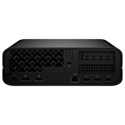 Rückansicht einer schwarzen Konsole mit verschiedenen Anschlüssen, einschließlich HDMI, Ethernet und USB, die Konnektivitätsoptionen hervorhebt.