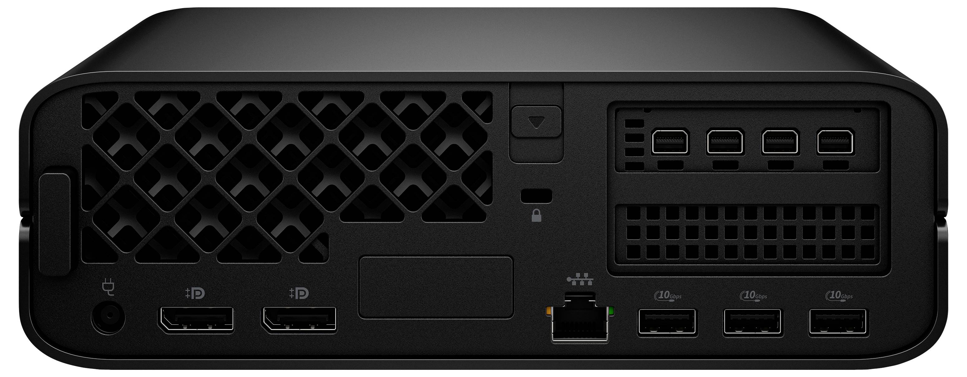'Rückansicht eines schwarzen elektronischen Geräts mit verschiedenen Anschlüssen und Lüftungsgittern, einschließlich HDMI-Anschlüsse, USB-Anschlüsse und einen Ethernet-Anschluss.'