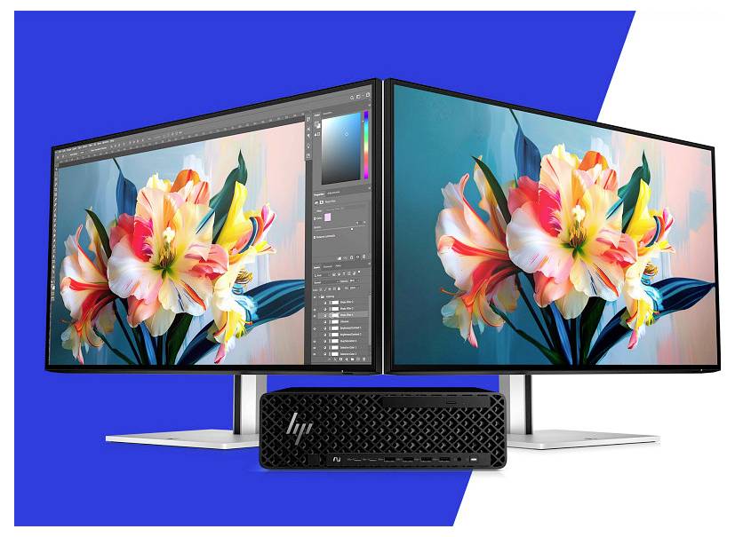 Ein Desktop-Tower mit einem grünen Häkchen mit der Bezeichnung „epeat" auf der linken Seite vor einem blauen dreieckigen Hintergrund auf der rechten Seite.