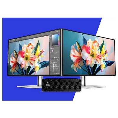 Ein Desktop-Tower mit einem grünen Häkchen mit der Bezeichnung „epeat" auf der linken Seite vor einem blauen dreieckigen Hintergrund auf der rechten Seite.