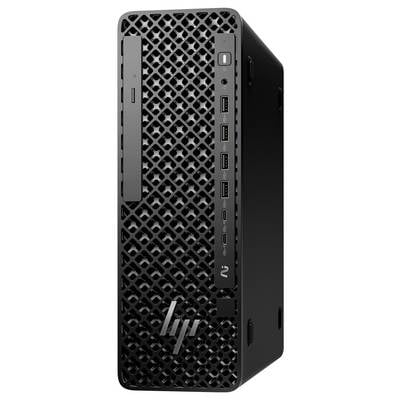Ein schwarzer HP-Desktop-Computerturm mit durchlöchertem Frontdesign, ausgestattet mit mehreren USB-Anschlüssen und einem Stromschalter.