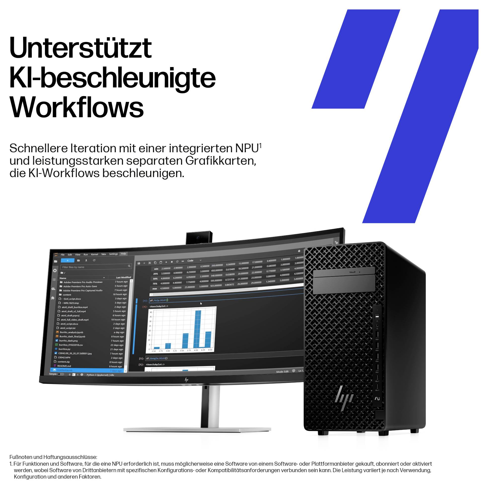 'Unterstützt KI-beschleunigte Workflows' zeigt einen Computer mit einem großen Monitor, der eine Software für datenintensive Aufgaben anzeigt.