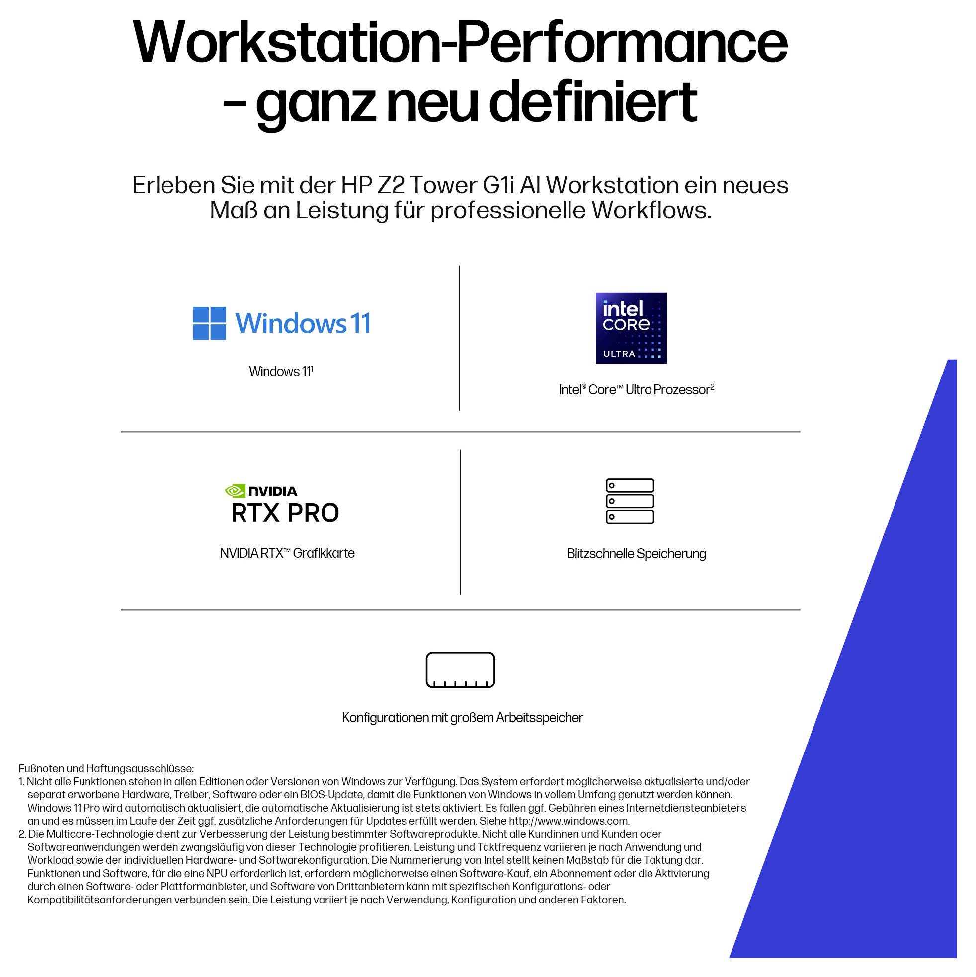 'Workstation-Performance – ganz neu definiert' mit Windows 11, Intel Core i9, Nvidia RTX Pro, blitzschnelle Speicheroptionen und großem Arbeitsbereich.
