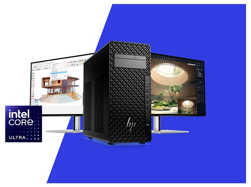 Ein Desktop-Tower mit HP-Logo, flankiert von zwei Monitoren, die architektonische Entwürfe anzeigen, mit einem "Intel Core Ultra"-Logo in der Ecke.