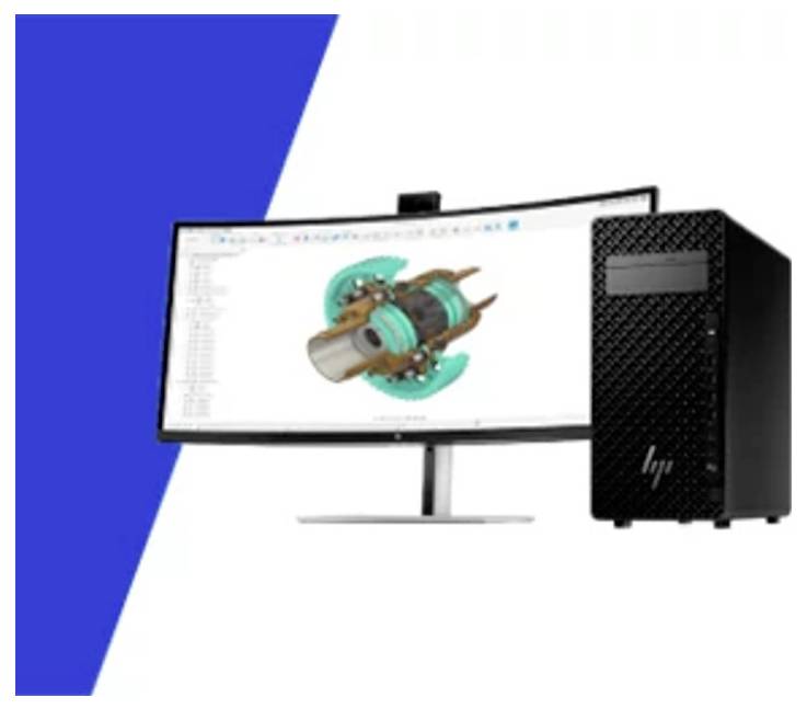 Ein gekrümmter Monitor, der ein mechanisches Design zeigt, neben einem schwarzen Desktop-Computer-Turm vor einem blau-weißen Hintergrund.