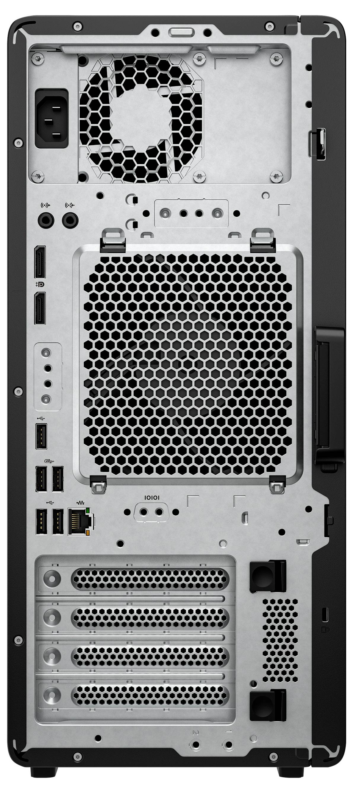 Rückansicht eines Computer-Towers mit Belüftungsgittern, Anschlüssen für USB und Audio sowie Steckplätzen für zusätzliche Karten und Verbindungen.