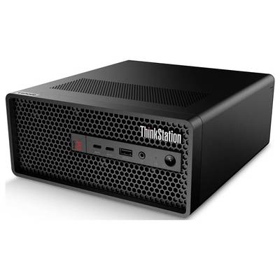 Ein kompakter schwarzer Desktop-Computer mit einer wabengemusterten Frontplatte mit der Aufschrift "ThinkStation", ausgestattet mit USB-Anschlüssen und einem Ein-/Ausschalter.
