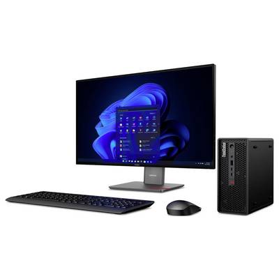 Ein Desktop-Computer-Setup mit einem Monitor, auf dem das Windows 11-Startmenü angezeigt wird, zusammen mit einer Tastatur, einer Maus und einem Lenovo ThinkCentre Mini-PC.