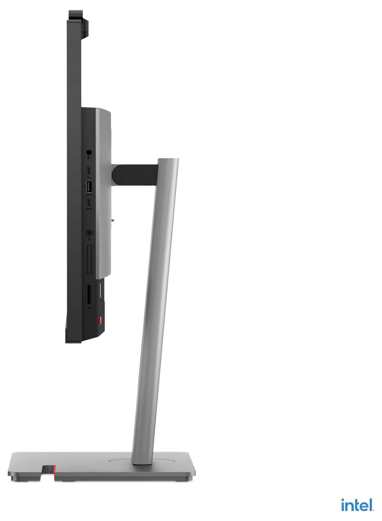 Ein schlanker, moderner Computermonitor mit verstellbarem Ständer wird von der Seite betrachtet und zeigt ein elegantes Design und ein dünnes Profil.