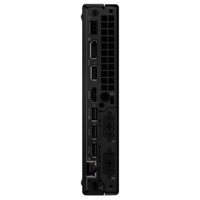 Das Bild zeigt die Rückseite eines Computers mit verschiedenen Anschlüssen, darunter USB, HDMI, Ethernet, DisplayPort und Stromverbindungen.