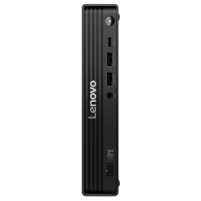 Ein schwarzer Lenovo Mini-Desktop-Computer mit USB-Anschlüssen, Einschalttaste und Markenlogo auf der Frontplatte.