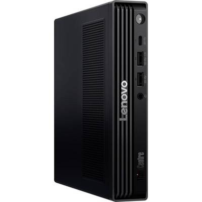 Ein schwarzer Lenovo ThinkCentre Desktop-Computer mit Belüftungsöffnungen an der Seite und mehreren USB-Anschlüssen, einem Ein-/Aus-Schalter und einer Audiobuchse auf der Frontplatte.
