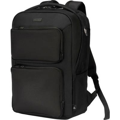Ein schwarzer Rucksack mit mehreren verschließbaren Fächern mit Reißverschluss und gepolsterten Trägern, entworfen für Reisen oder tägliche Nutzung.