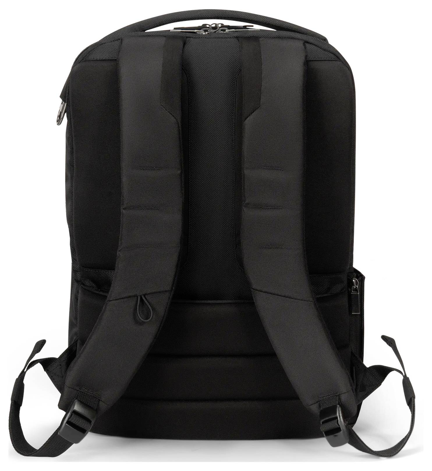 Ein schwarzer Rucksack, von hinten gezeigt, mit gepolsterten Schultergurten und einem oberen Griff, geeignet für Schul- oder Reisegebrauch.