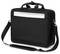 Eine schwarze Laptoptasche mit Schultergurt, mit einer Vordertasche, in der ein sichtbarer Laptop zu sehen ist.