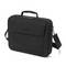 Eine schwarze Laptoptasche mit einem Griff und Schultergurt, mit einer Vordertasche.