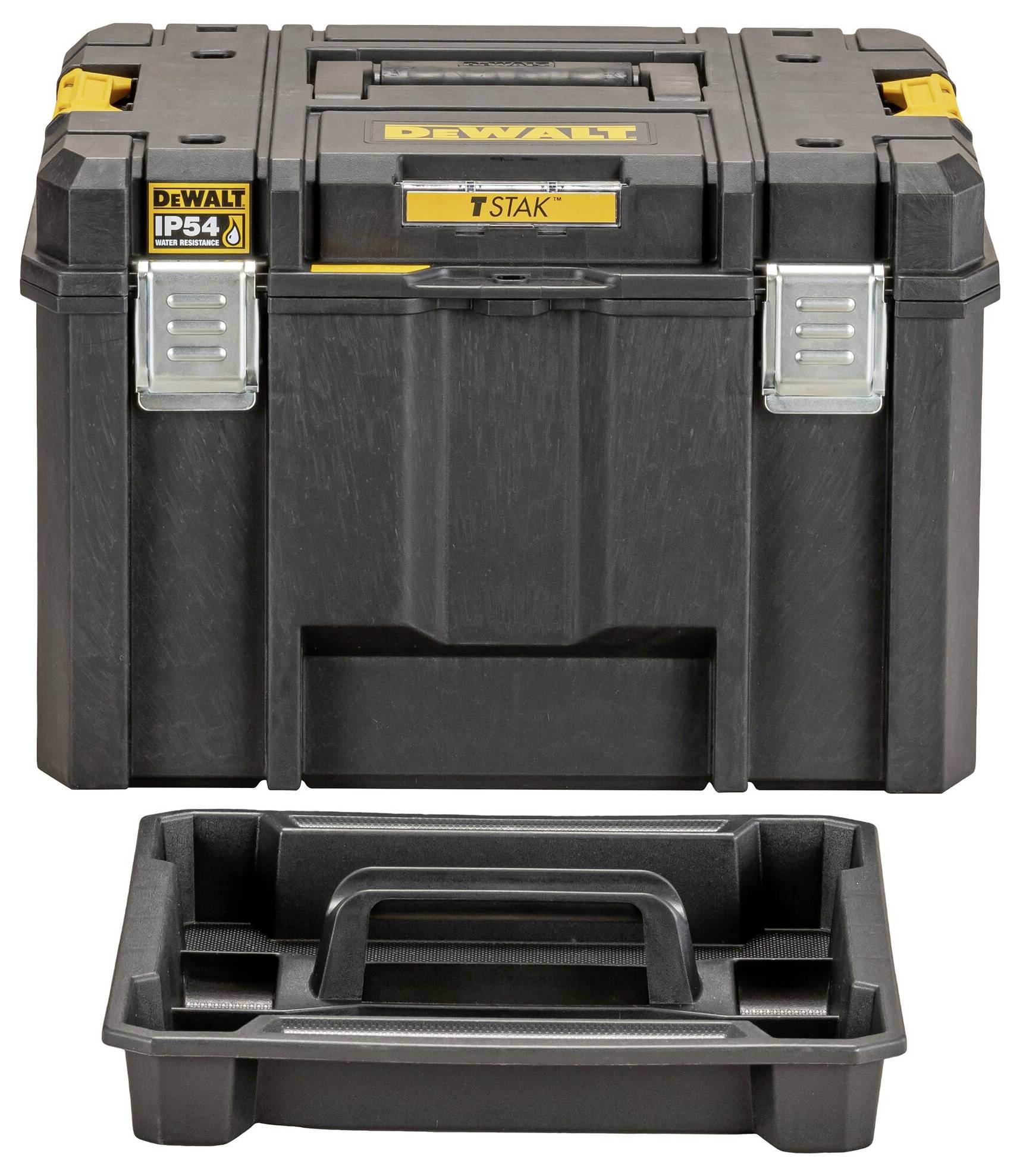 Eine schwarz-gelbe, robuste Werkzeugkiste mit der Marke oben angebracht. Sie verfügt über ein abnehmbares Tablett und ist mit „IP54" gekennzeichnet.