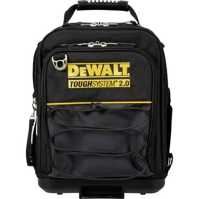 „DEWALT ToughSystem 2.0" Rucksack mit strapazierfähigem schwarzem Stoff, gelbem Logo, mehreren Fächern, verstärkten Griffen und robusten Reißverschlüssen.