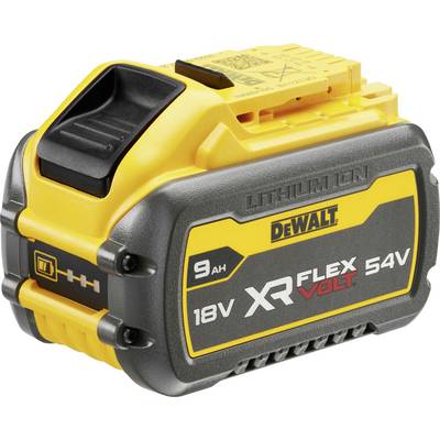 Dewalt 18V XR Flexvolt 54V 9Ah Lithium-Ionen-Akku mit schwarzem und gelbem Gehäuse, zeigt Produktmarkenzeichen und Spezifikationen.