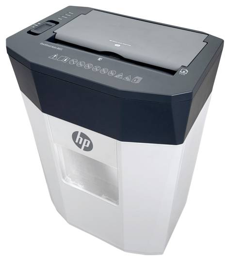 Ein weißer und schwarzer Papierschredder mit HP-Logo auf der Vorderseite, mit einem Einfüllschacht oben und Symbolen für verschiedene Schredder-Funktionen.
