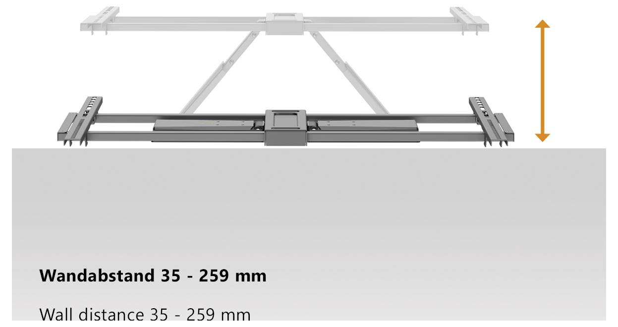'Illustration einer Fernseh-Wandhalterung, die einen verstellbaren Wandabstand von 35 bis 259 mm zeigt, mit Pfeilen, die den Bewegungsbereich anzeigen.'