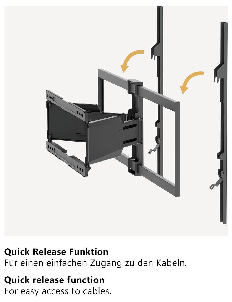 Diagramm der „Schnellentriegelungsfunktion" mit zwei Pfeilen, die die Bewegung für einfachen Kabelbzugang anzeigen.