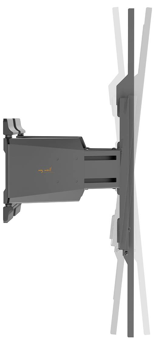 Eine schlanke, verstellbare TV-Wandhalterung, die einen Flachbildfernseher hält und ein Schwenken nach links und rechts sowie eine winklige Neigung ermöglicht.