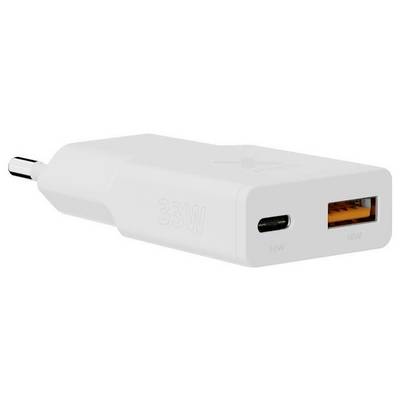 Ein weißes 33-W-Netzteil mit zwei Anschlüssen: ein USB-C mit der Bezeichnung „30W" und ein USB-A mit der Bezeichnung „18W".