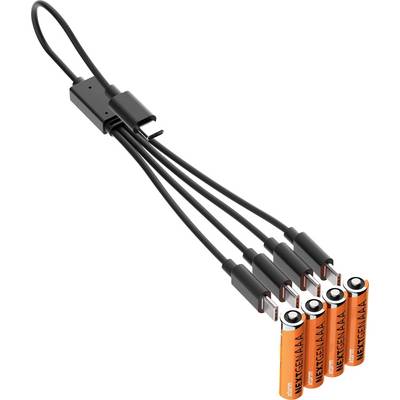 Fünf orangefarbene AA-Batterien, die durch schwarze Kabel verbunden sind und eine kompakte Ladestation bilden.