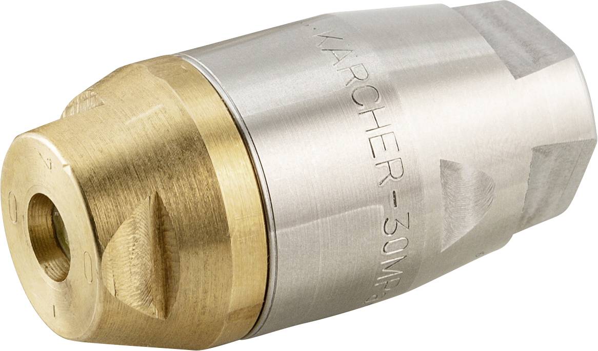 Eine metallische Düse mit eingraviertem Text "Karcher - 30 MPa", mit konischem Design und verwendet für Hochdruckwassergeräte.