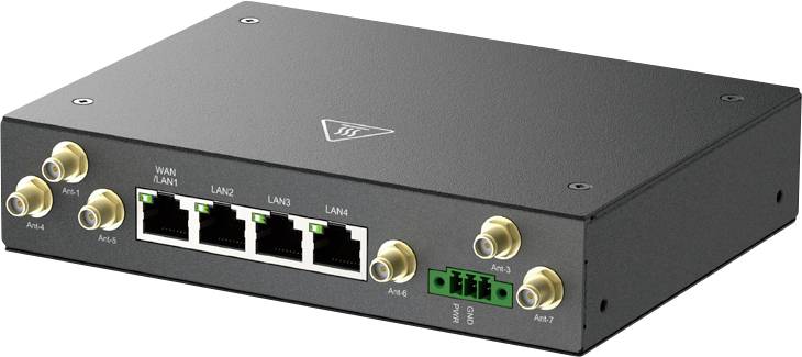 Netzwerkgerät mit vier Ethernet-Anschlüssen mit den Bezeichnungen WAN, LAN1, LAN2, LAN3 und Antennensteckverbindern auf einem schwarzen Metallgehäuse.