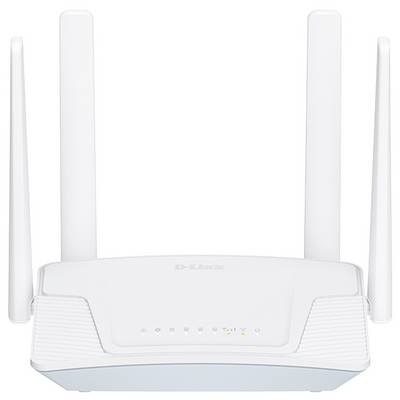 Ein weißer D-Link WLAN-Router mit vier Antennen und LED-Indikatoren auf der Frontplatte, vor einem neutralen Hintergrund.