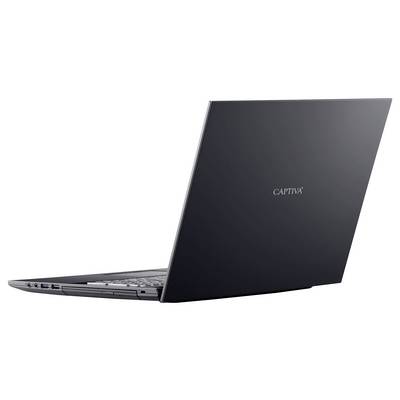 Ein schlanker schwarzer Laptop mit silberner Tastatur im angewinkelten offenen Zustand, auf der Rückseite des Bildschirms ist der Markenname „CAPTIVA" zu sehen.