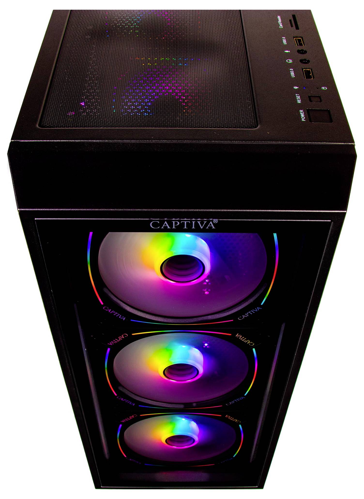 Ein schwarzer Computer-Turm mit drei farbenfrohen LED-beleuchteten Lüftern, die auf der Frontplatte sichtbar sind. Die obere Platte hat mehrere USB-Anschlüsse und ein Belüftungsgitter.