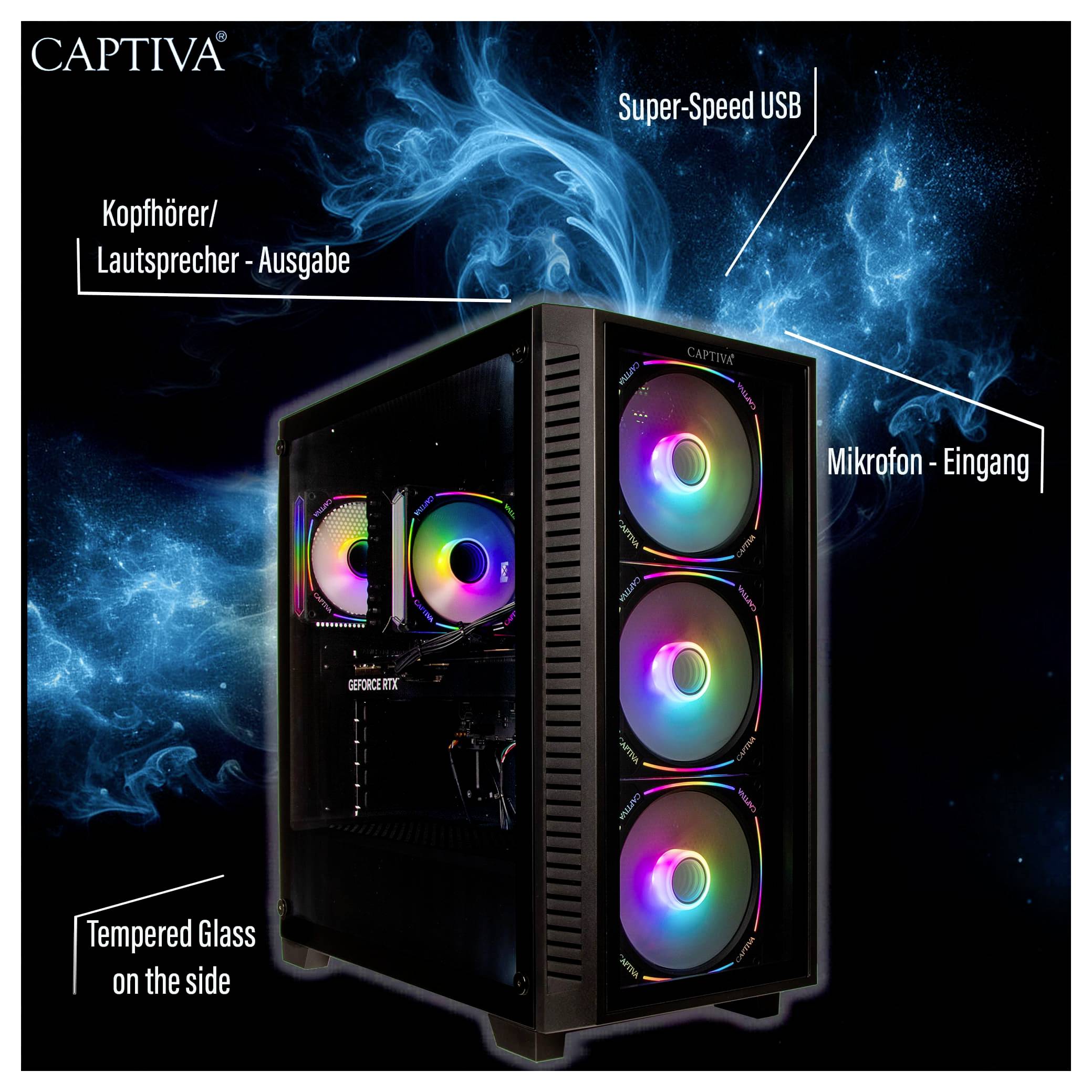 Ein Gaming-PC mit beleuchtetem Lüfter und Glasgehäuse. Beschriftungen zeigen Anschlüsse: USB, Kopfhörer/Lautsprecher, Mikrofon. Hintergrund mit blauen Effekten.