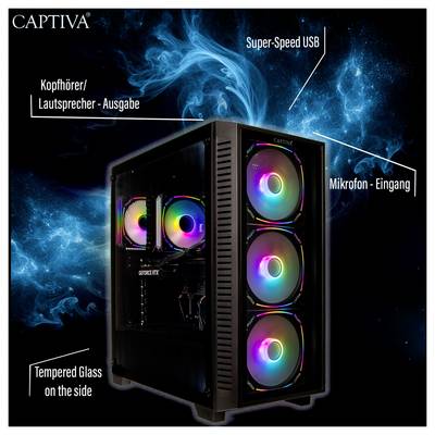 Ein Gaming-PC mit beleuchtetem Lüfter und Glasgehäuse. Beschriftungen zeigen Anschlüsse: USB, Kopfhörer/Lautsprecher, Mikrofon. Hintergrund mit blauen Effekten.