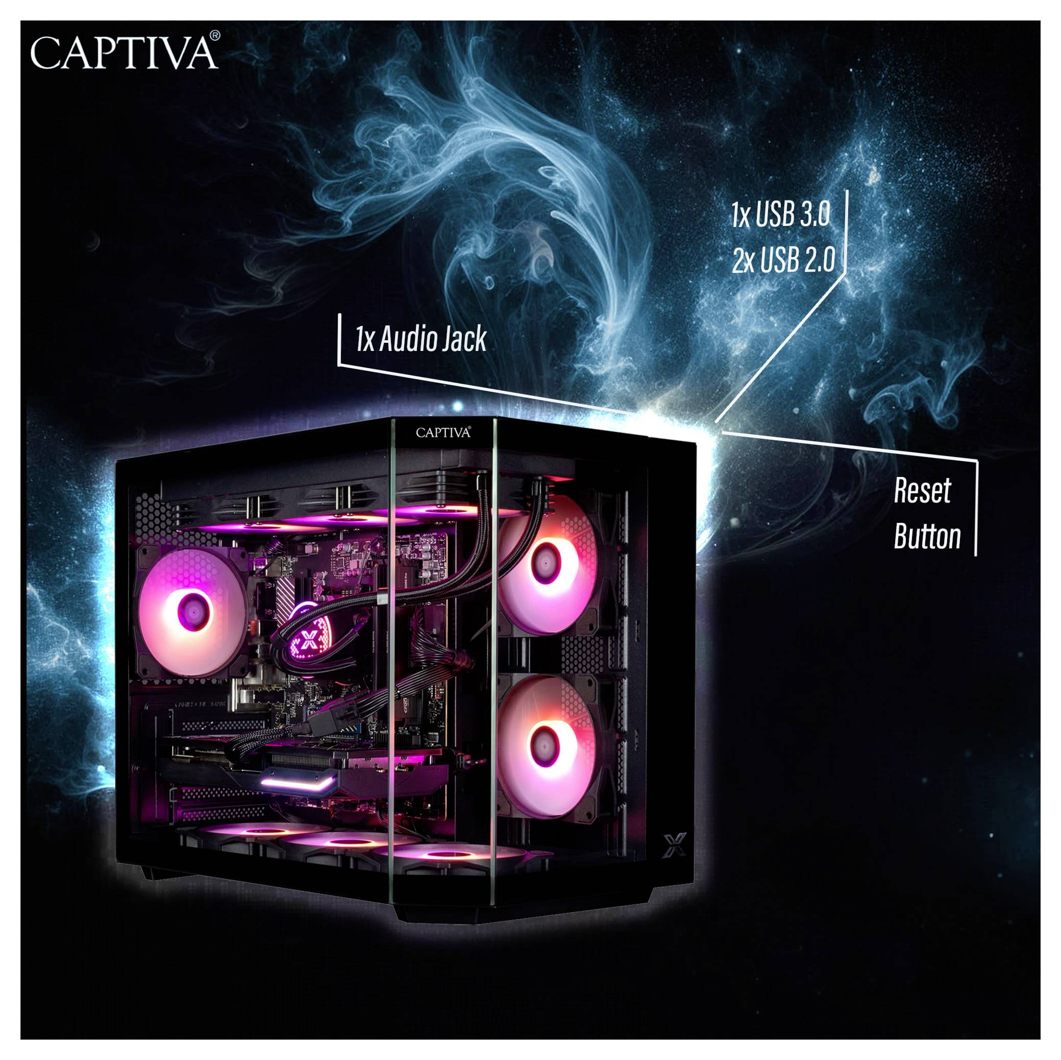 Ein Gaming-PC mit leuchtenden rosafarbenen Lüftern und internen Lichtern. Er verfügt über Anschlüsse für '1x USB 3.0', '2x USB 2.0', '1x Audiobuchse' und einen 'Reset-Button'.