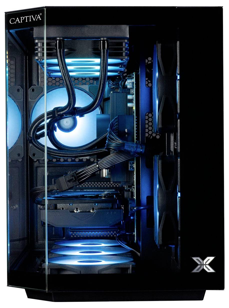 Ein Gaming-PC mit beleuchteten internen Komponenten, die blaue LED-Leuchten aufweisen, sichtbare Kühlventilatoren und ein transparentes Seitenpanel.
