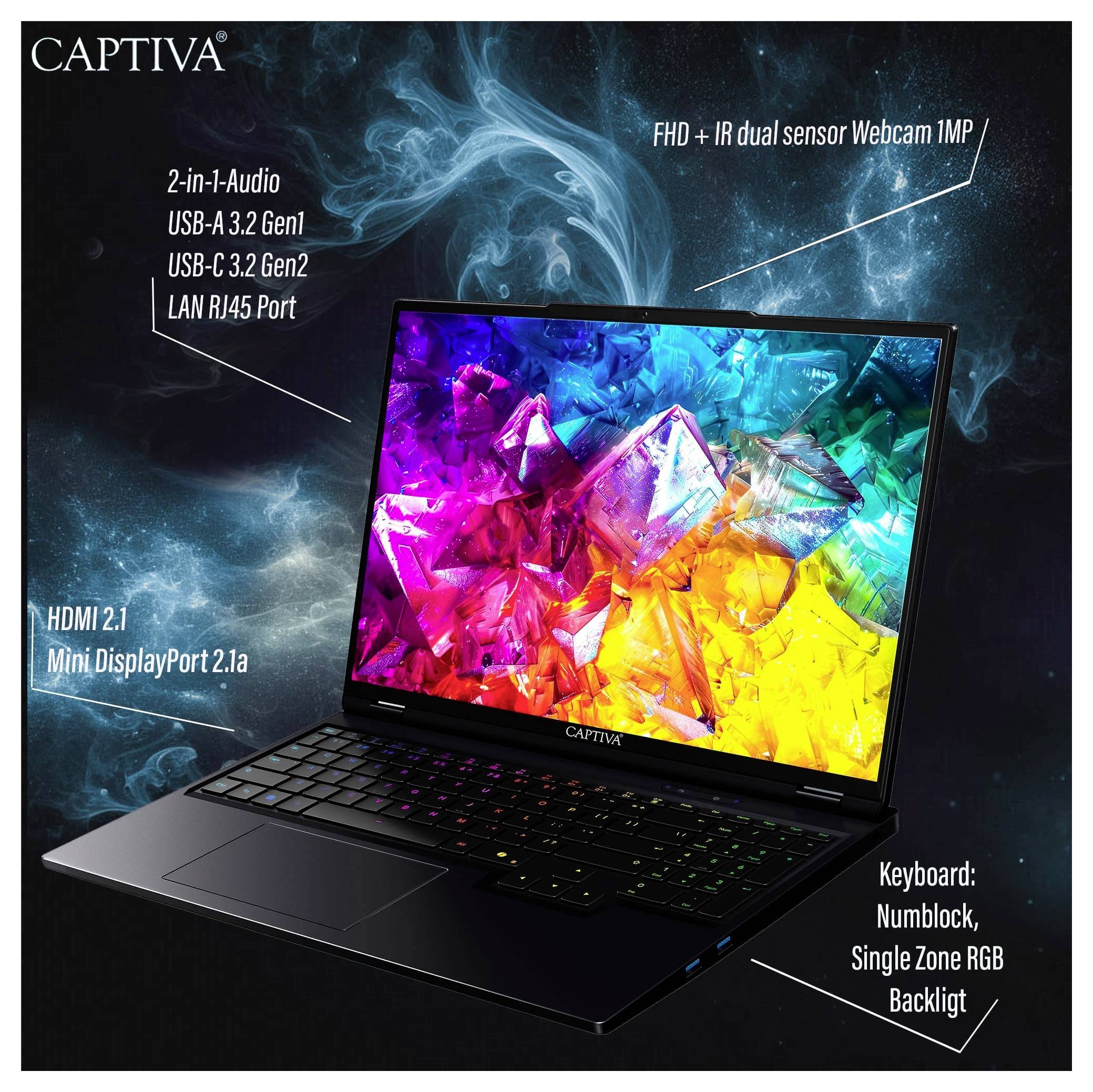 Ein Laptop mit buntem Bildschirm, Anschlüssen (USB, LAN), HDMI 2.1, Mini DisplayPort 2.1a und RGB-beleuchteter Tastatur.