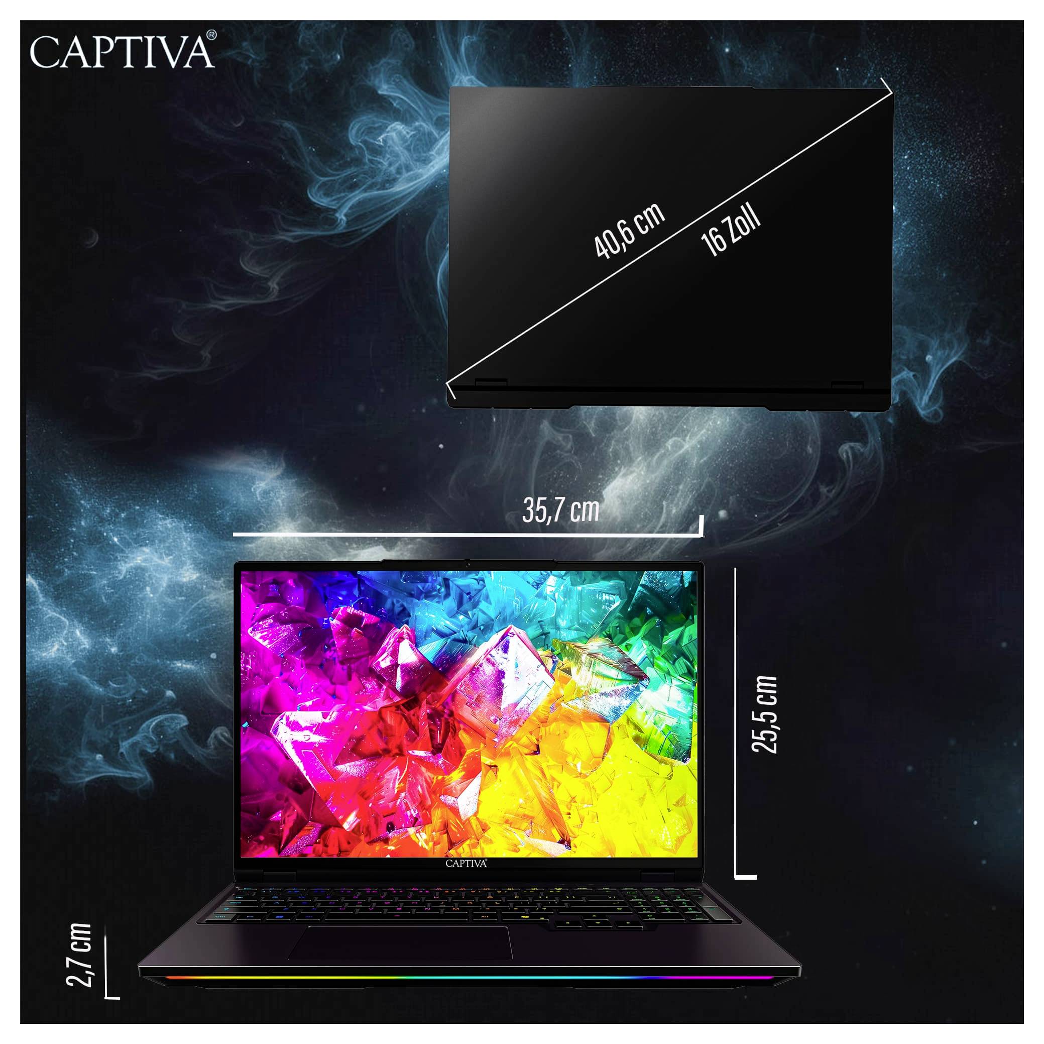 Ein bunter Laptop mit einem 40,6 cm (16 Zoll) Display und Abmessungen von 35,7 cm mal 25,5 cm vor einem rauchigen Hintergrund.