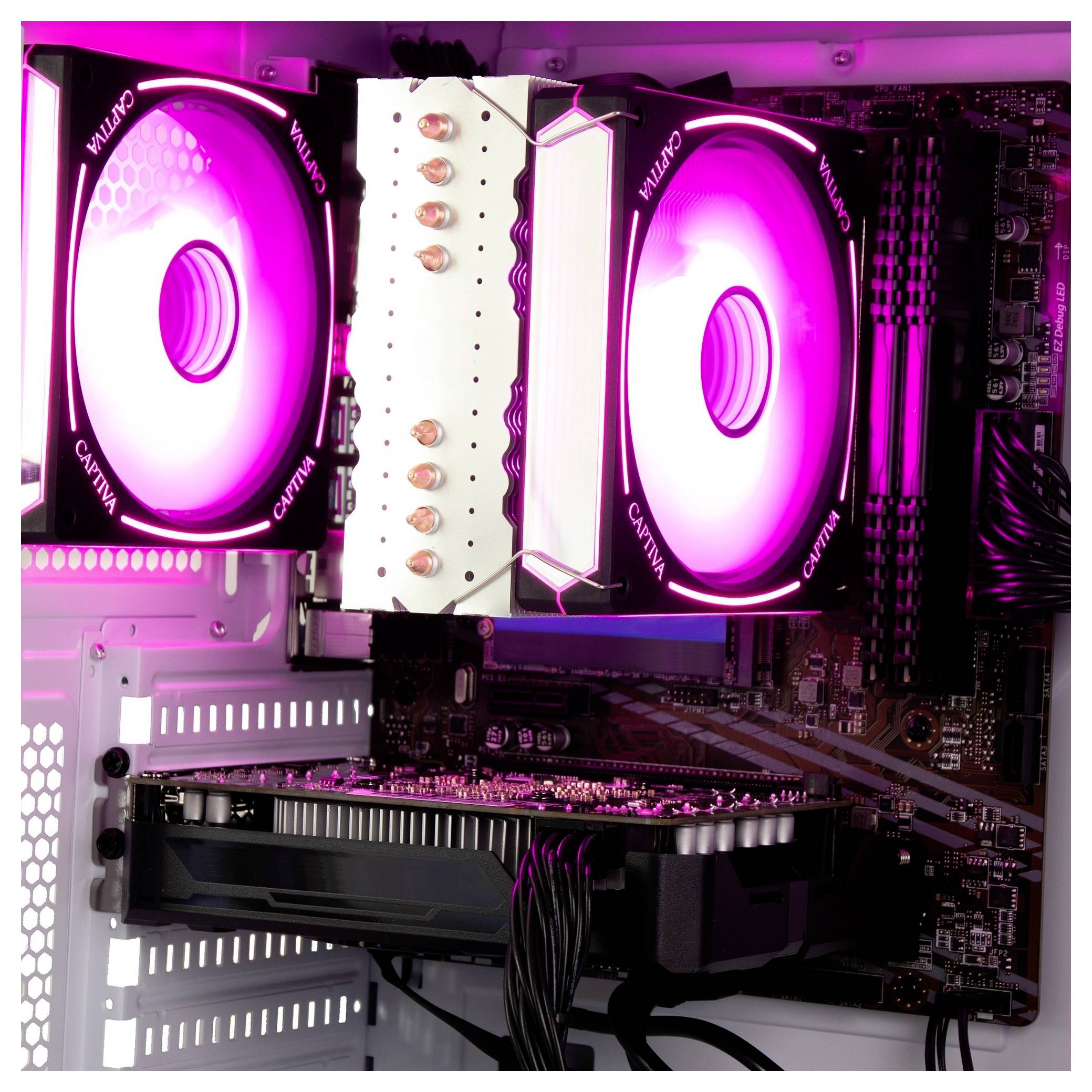 Ein Computergehäuse mit sichtbaren internen Komponenten, das zwei leuchtende Kühlventilatoren in Violett zeigt, umgeben von anderen Hardwareteilen.