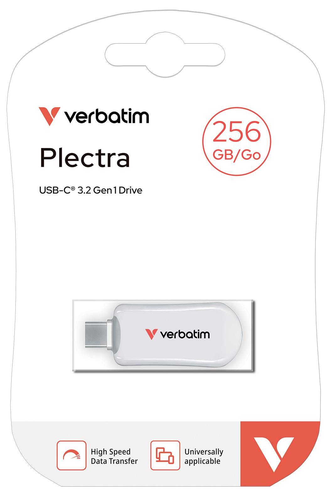 Verbatim Plectra USB-C 3.2 Gen1 Speicherlaufwerk mit Verpackung, 256 GB/Go Kapazität und Symbolen für Hochgeschwindigkeitsdatenübertragung und universelle Kompatibilität.