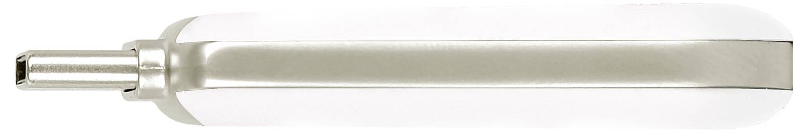 Ein silbernes Metallinstrument mit flacher abgerundeter Spitze und weißem durchscheinendem Griff, gezeigt vor einfachem Hintergrund.
